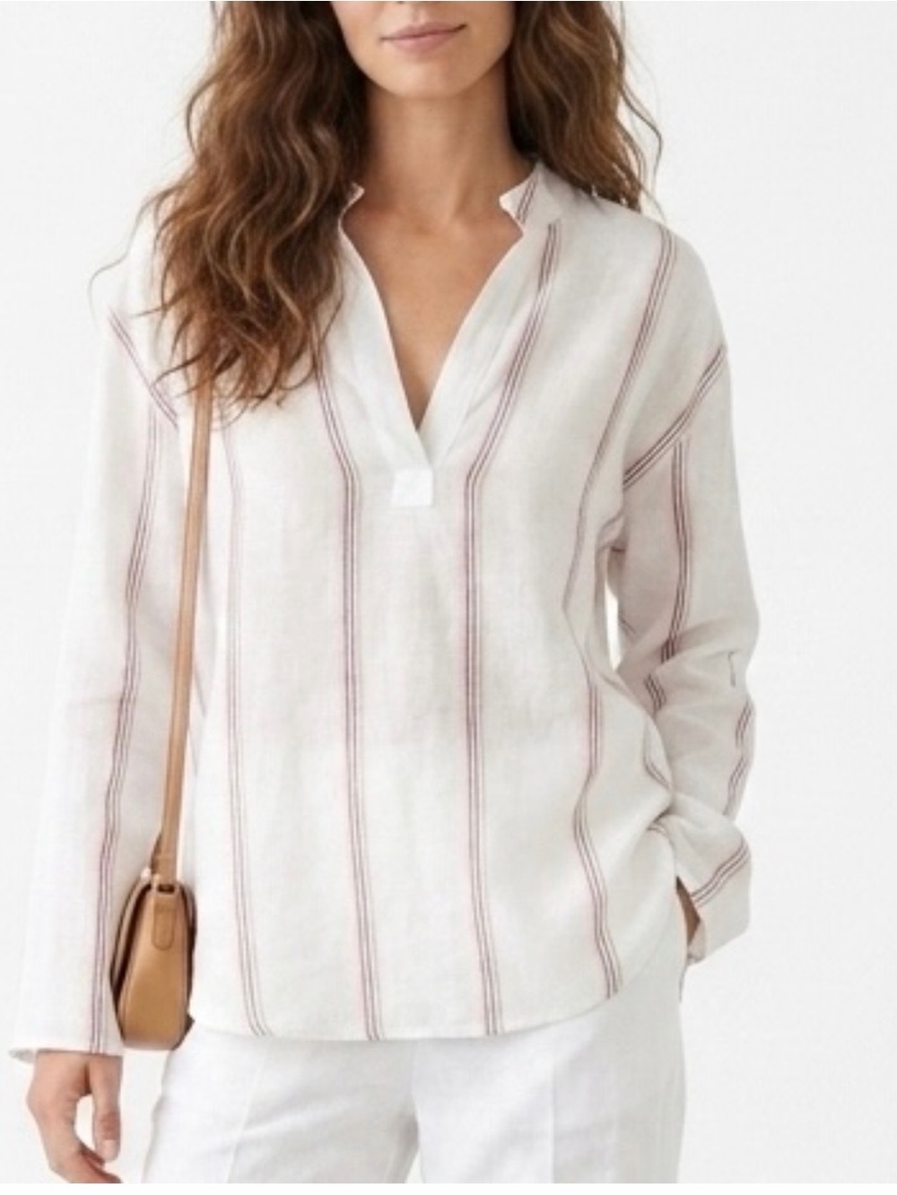 100% Linen Red White & Blue Striped Coastal Top Shirt Blouse Women’s  1 CHICOS